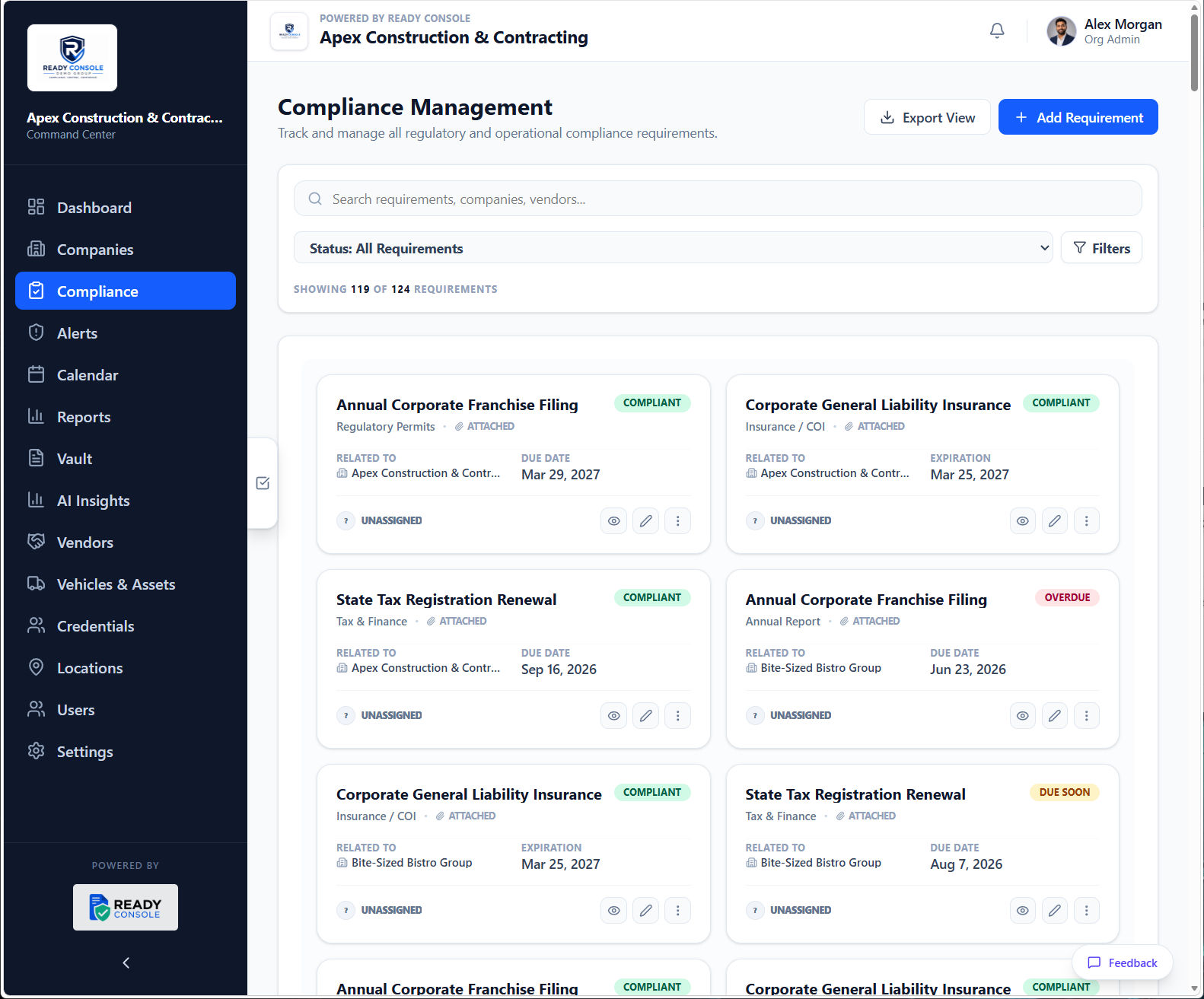 Ready Console compliance dashboard showing requirement cards, due dates, document status, and compliance filters.